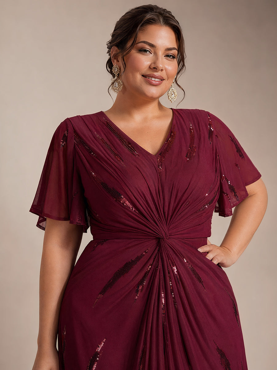 robe midi ajustée à manches courtes en V avec sequins et manches volantes #Couleur_Bordeaux