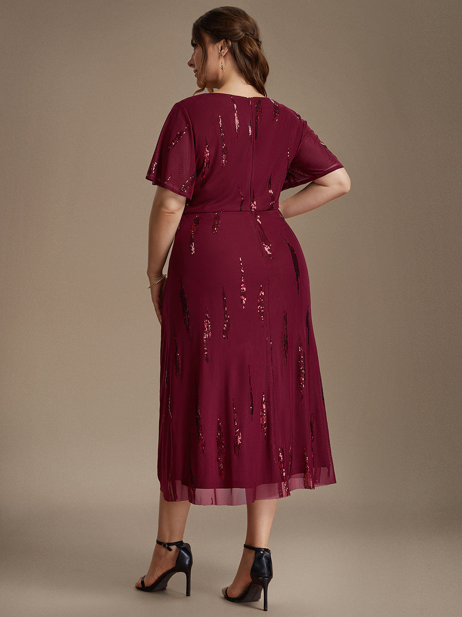 robe midi ajustée à manches courtes en V avec sequins et manches volantes #Couleur_Bordeaux