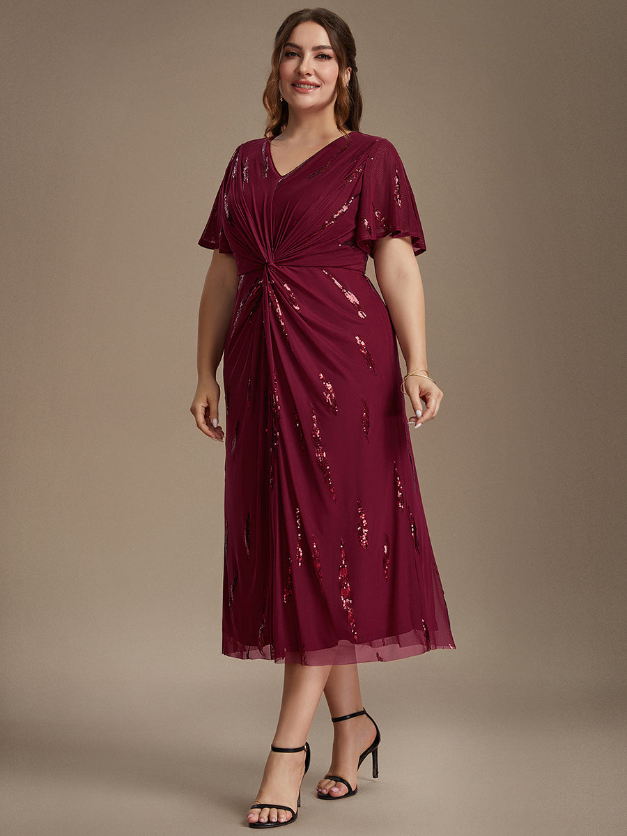 robe midi ajustée à manches courtes en V avec sequins et manches volantes #Couleur_Bordeaux