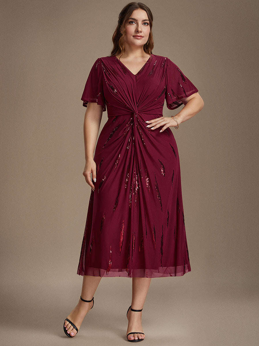 robe midi ajustée à manches courtes en V avec sequins et manches volantes #Couleur_Bordeaux