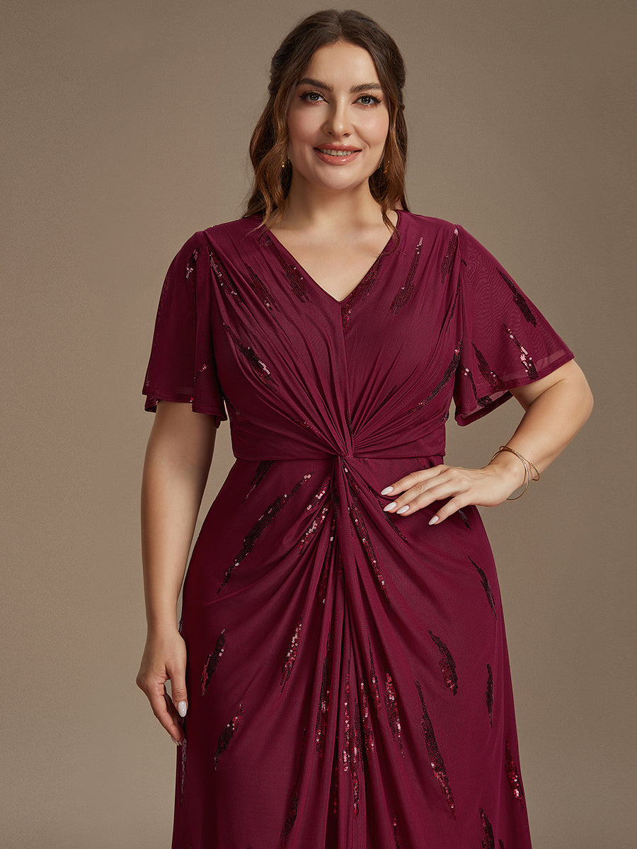 robe midi ajustée à manches courtes en V avec sequins et manches volantes #Couleur_Bordeaux