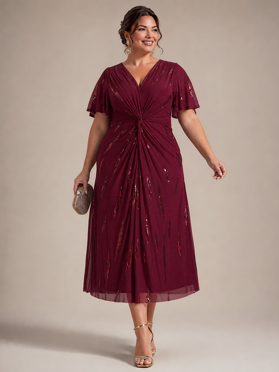 robe midi ajustée à manches courtes en V avec sequins et manches volantes #Couleur_Bordeaux