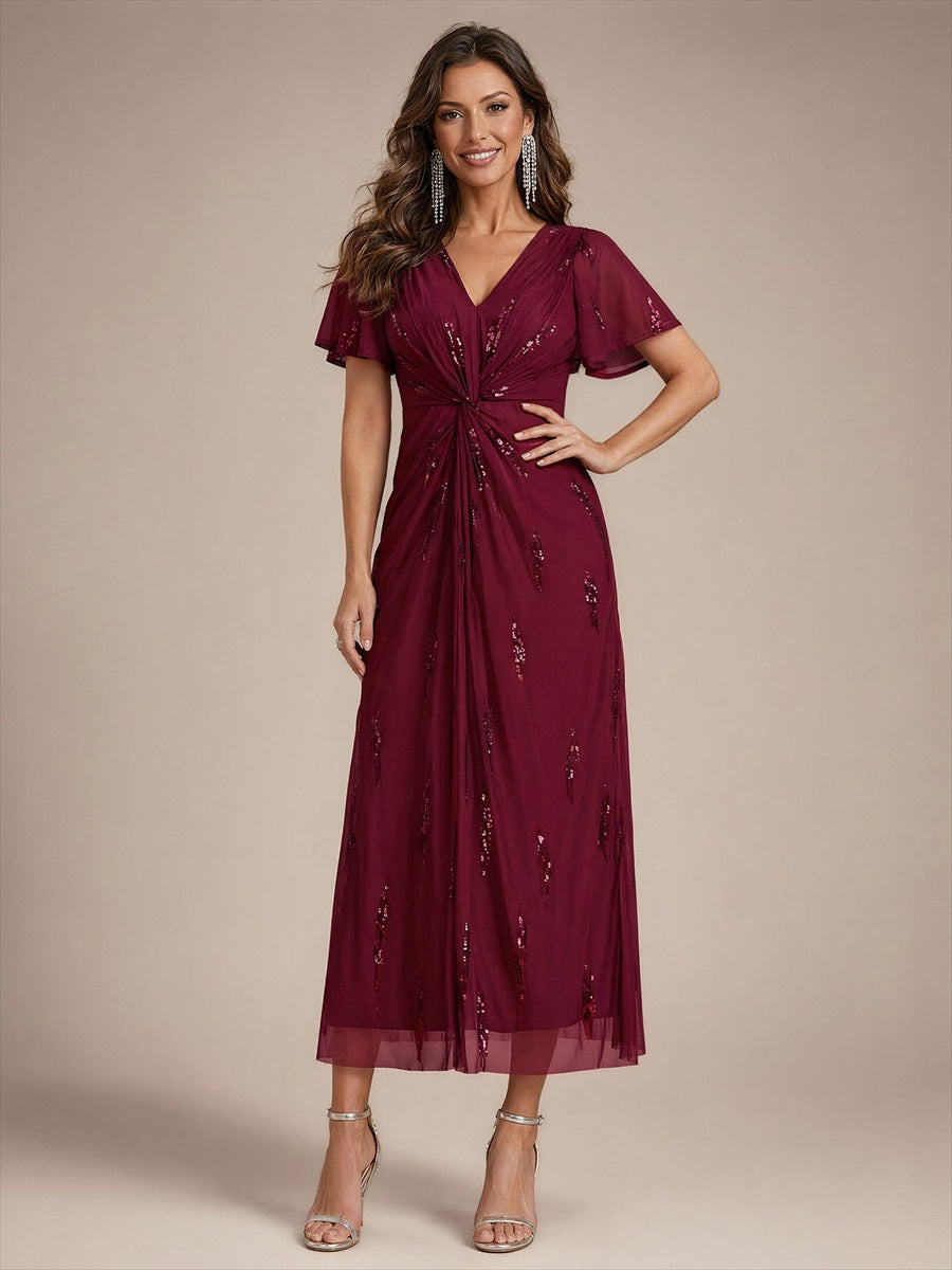 robe midi ajustée à manches courtes en V avec sequins et manches volantes #Couleur_Bordeaux