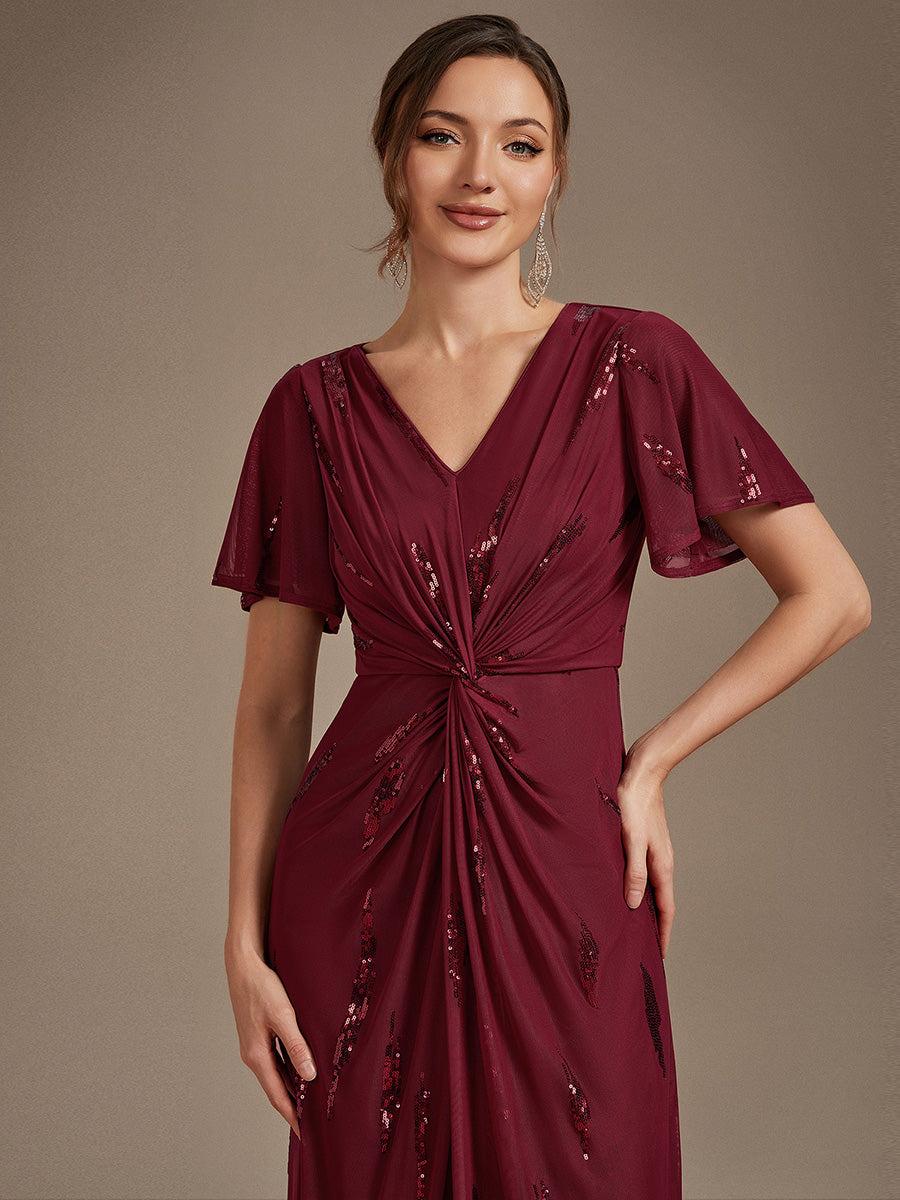 robe midi ajustée à manches courtes en V avec sequins et manches volantes #Couleur_Bordeaux