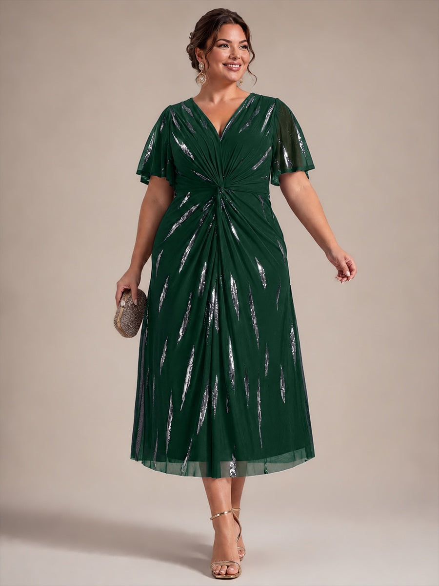 robe midi ajustée à manches courtes en V avec sequins et manches volantes #Couleur_Vert Fonce