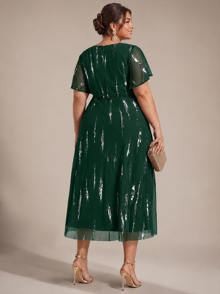 robe midi ajustée à manches courtes en V avec sequins et manches volantes #Couleur_Vert Fonce