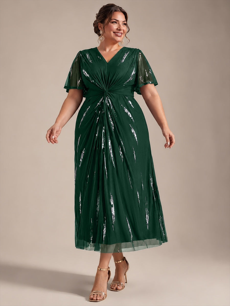 robe midi ajustée à manches courtes en V avec sequins et manches volantes #Couleur_Vert Fonce