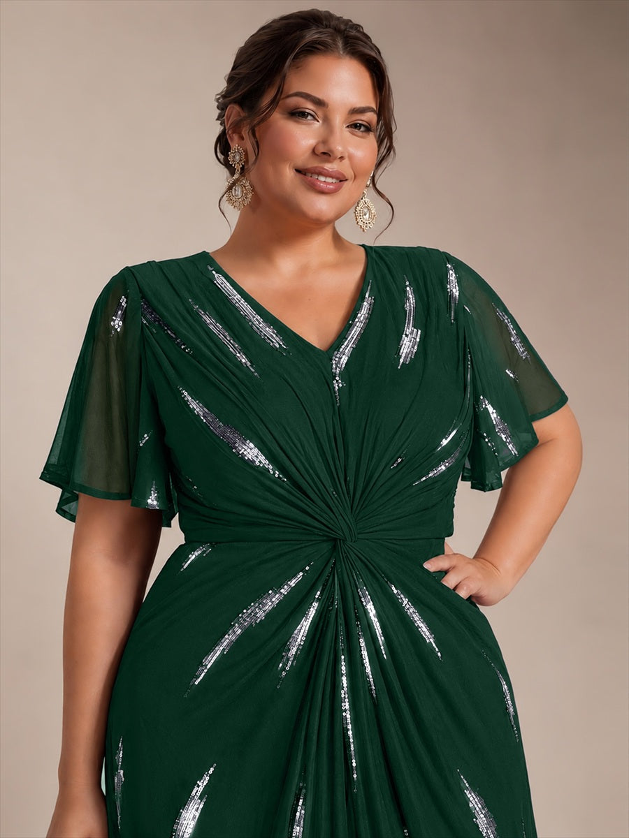 robe midi ajustée à manches courtes en V avec sequins et manches volantes #Couleur_Vert Fonce