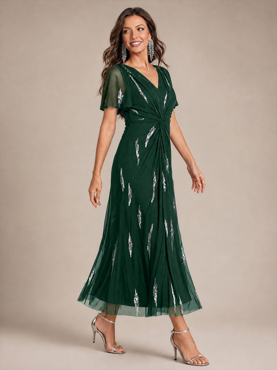 robe midi ajustée à manches courtes en V avec sequins et manches volantes #Couleur_Vert Fonce