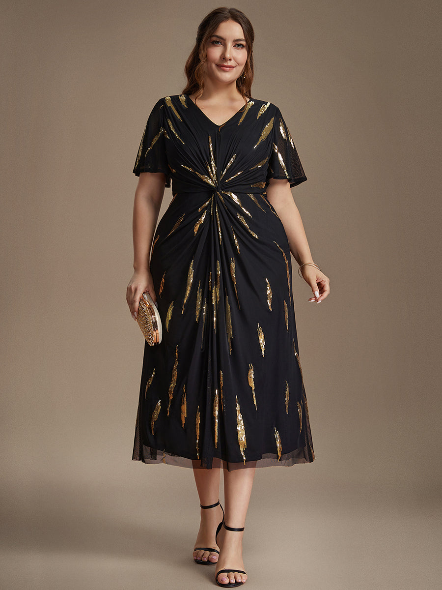 robe midi ajustée à manches courtes en V avec sequins et manches volantes #Couleur_Noir & Or