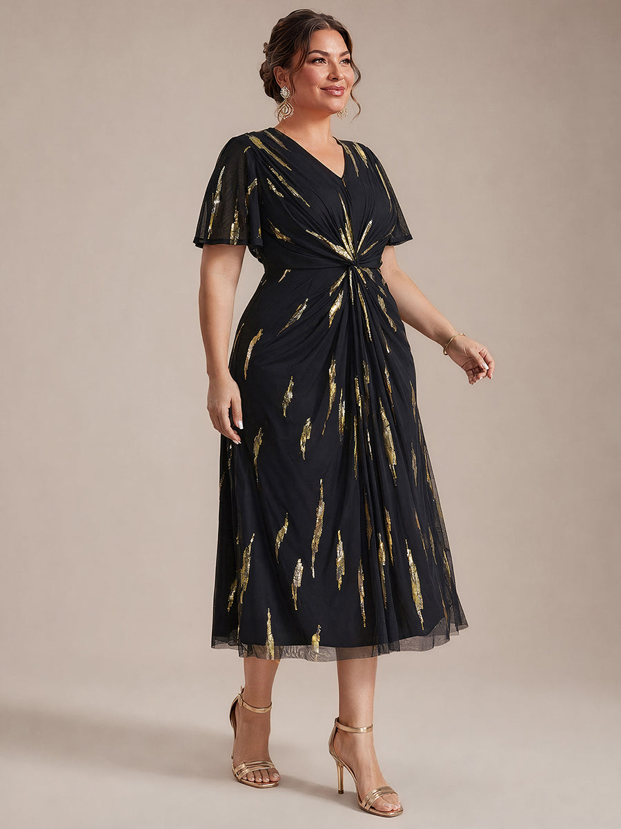 robe midi ajustée à manches courtes en V avec sequins et manches volantes #Couleur_Noir / Or métallique