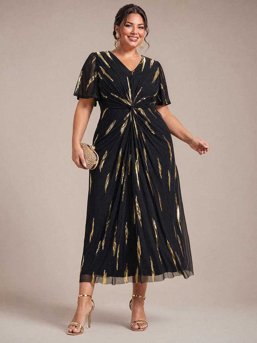 robe midi ajustée à manches courtes en V avec sequins et manches volantes #Couleur_Noir / Or métallique