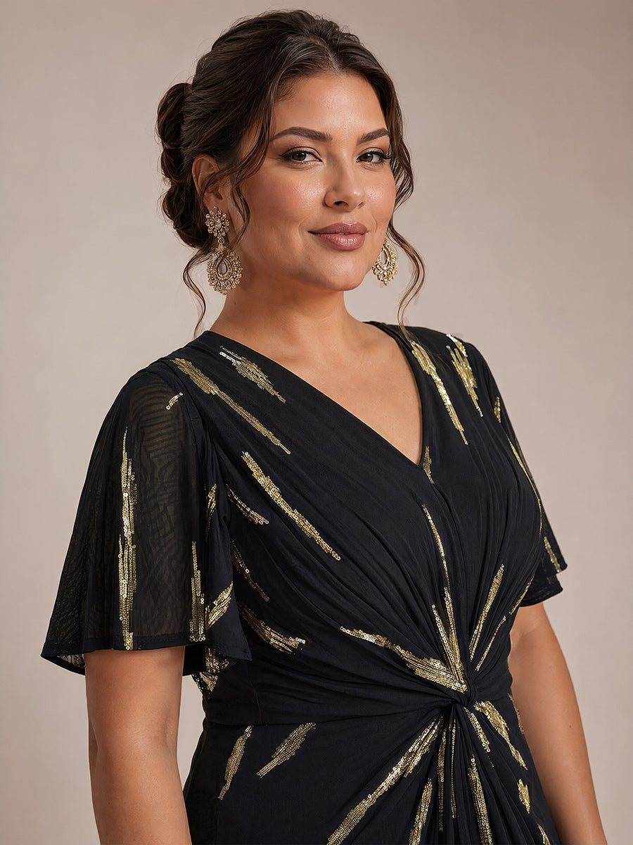 robe midi ajustée à manches courtes en V avec sequins et manches volantes #Couleur_Noir / Or métallique