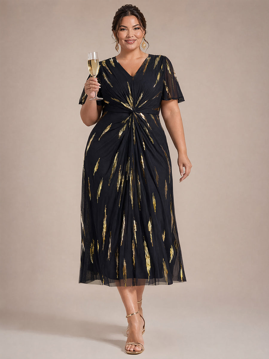 robe midi ajustée à manches courtes en V avec sequins et manches volantes #Couleur_Noir / Or métallique
