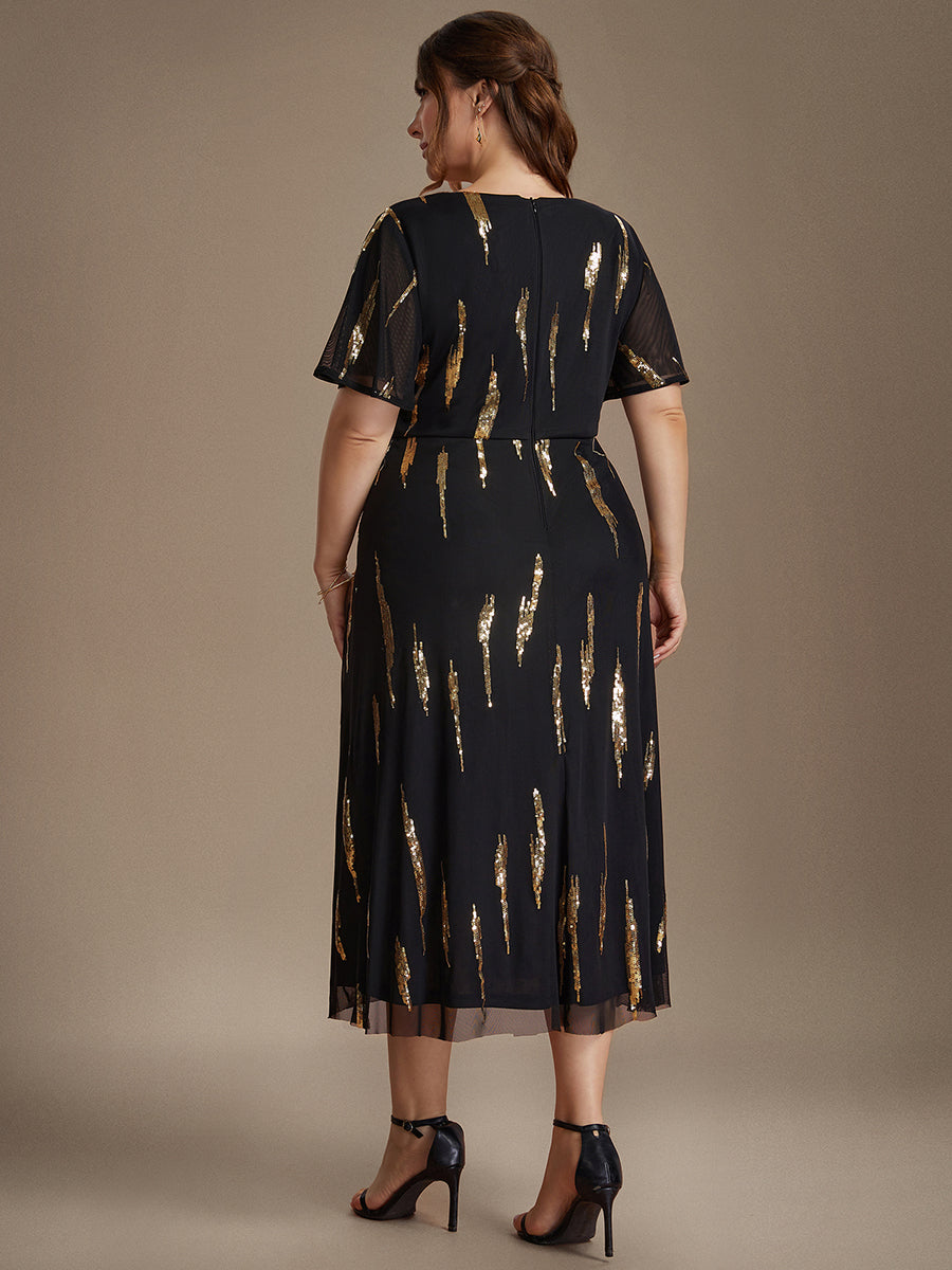 robe midi ajustée à manches courtes en V avec sequins et manches volantes #Couleur_Noir & Or