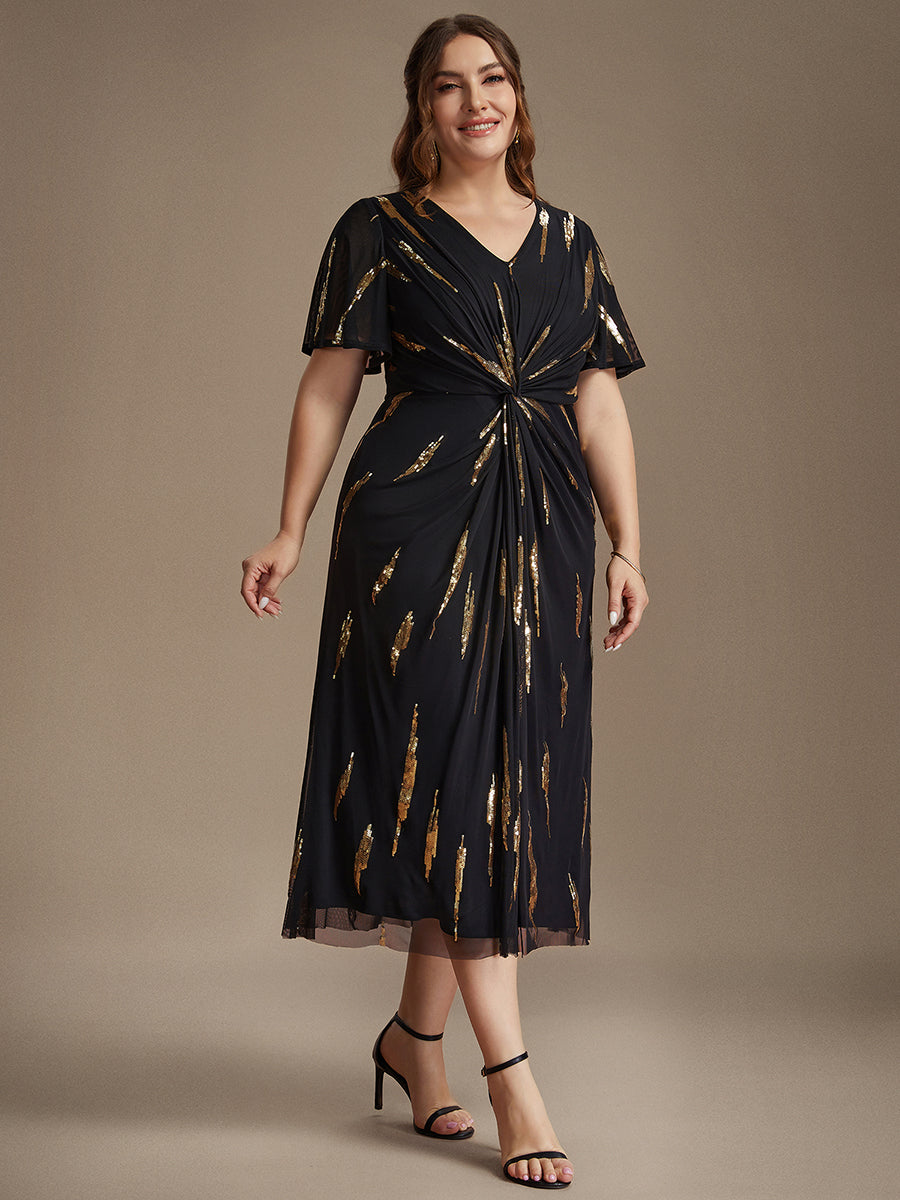 robe midi ajustée à manches courtes en V avec sequins et manches volantes #Couleur_Noir & Or