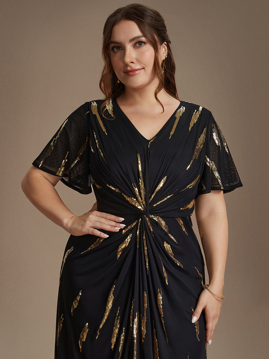 robe midi ajustée à manches courtes en V avec sequins et manches volantes #Couleur_Noir & Or