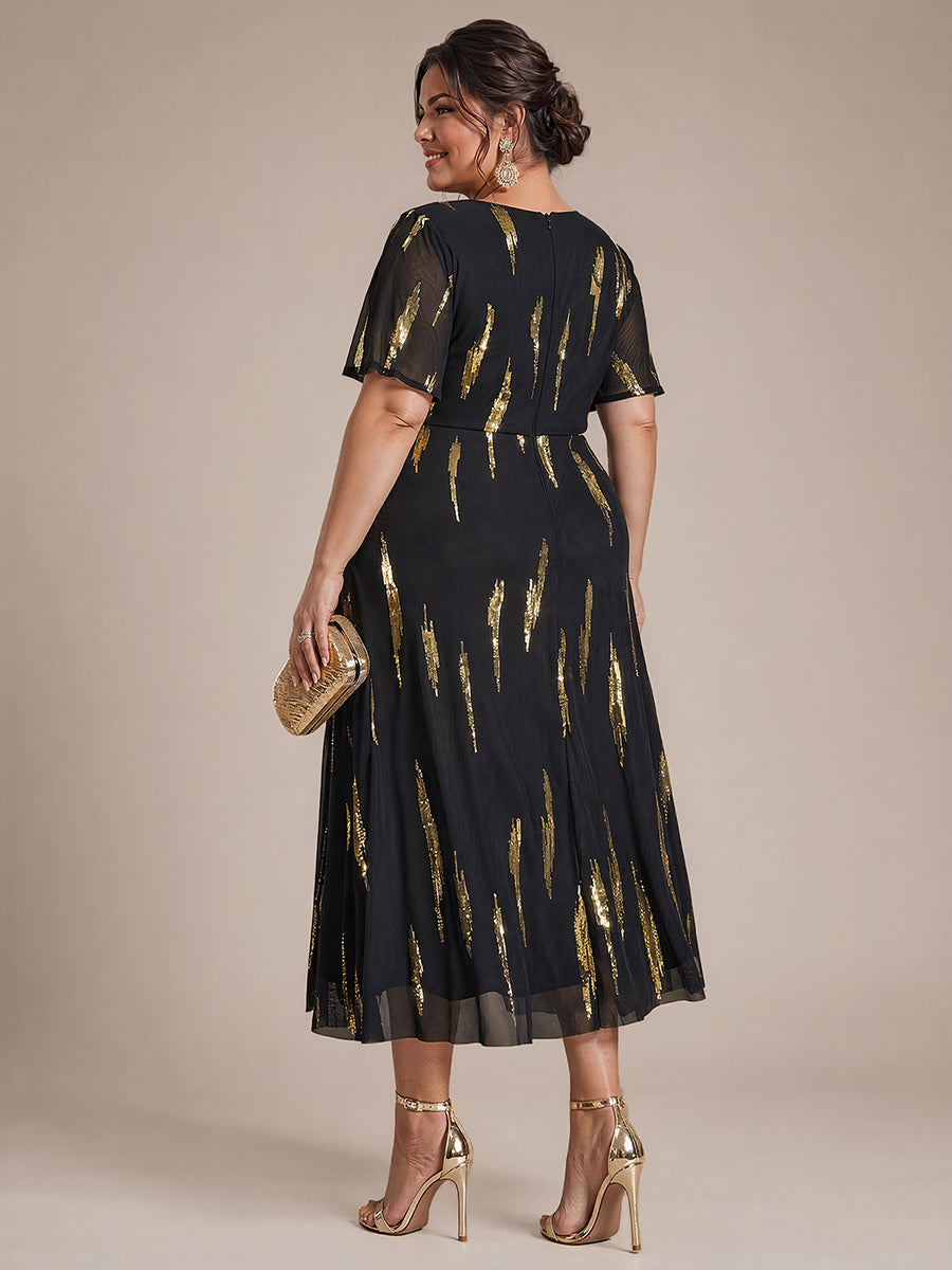 robe midi ajustée à manches courtes en V avec sequins et manches volantes #Couleur_Noir / Or métallique