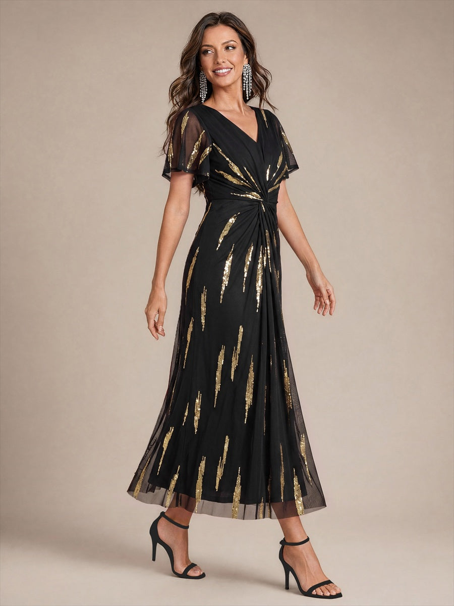 robe midi ajustée à manches courtes en V avec sequins et manches volantes #Couleur_Noir / Or métallique
