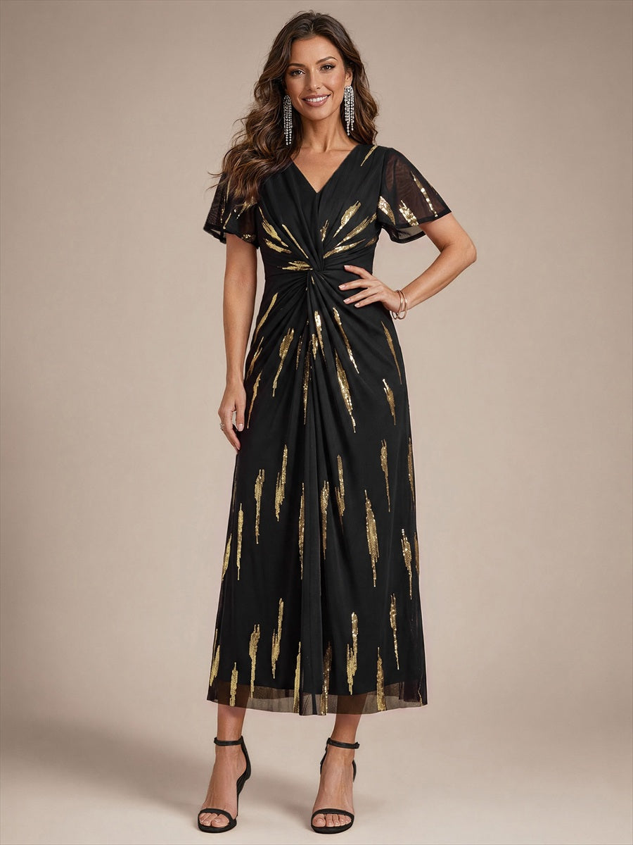 robe midi ajustée à manches courtes en V avec sequins et manches volantes #Couleur_Noir / Or métallique