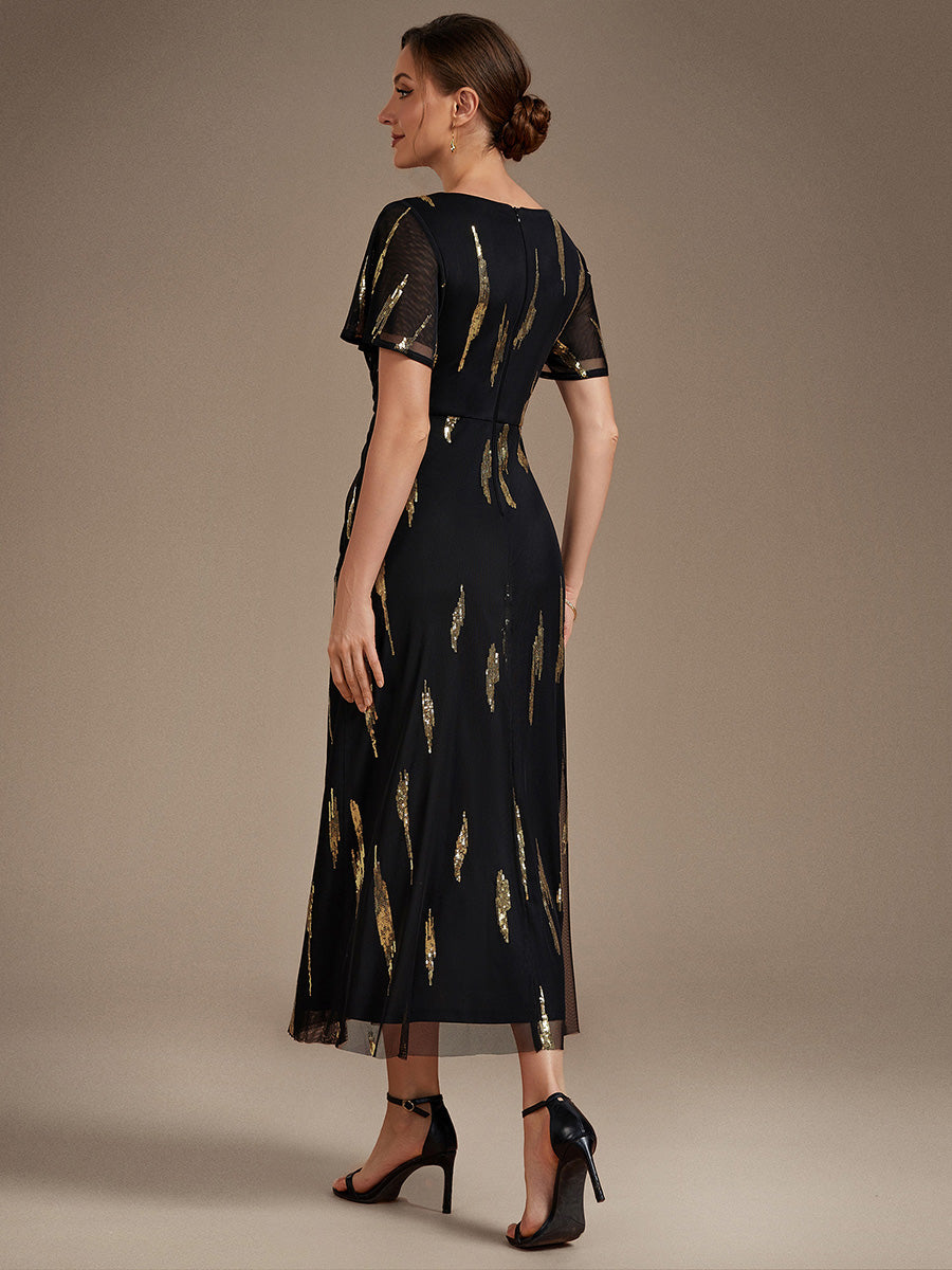 robe midi ajustée à manches courtes en V avec sequins et manches volantes #Couleur_Noir & Or