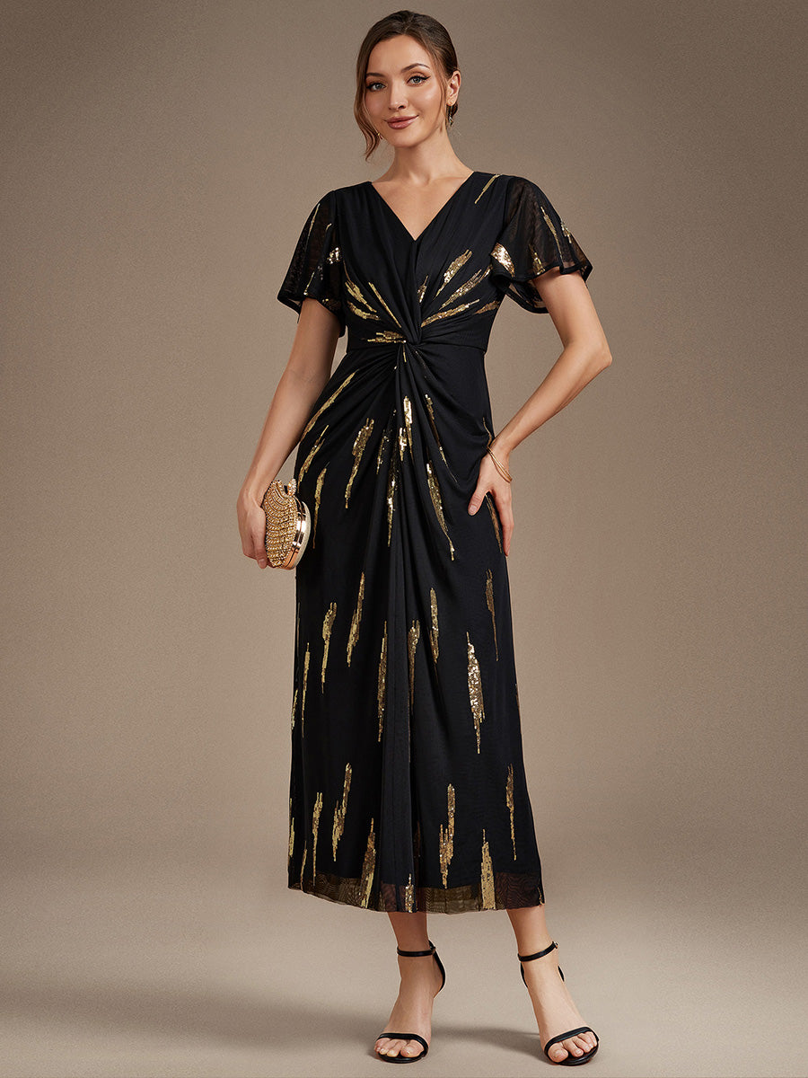 robe midi ajustée à manches courtes en V avec sequins et manches volantes #Couleur_Noir & Or
