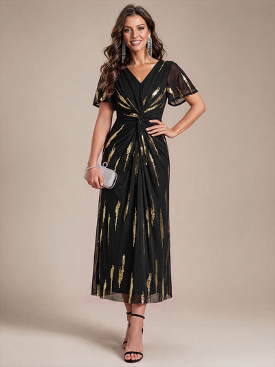 Robe en tulle à sequins longueur thé, col V et manches volantées