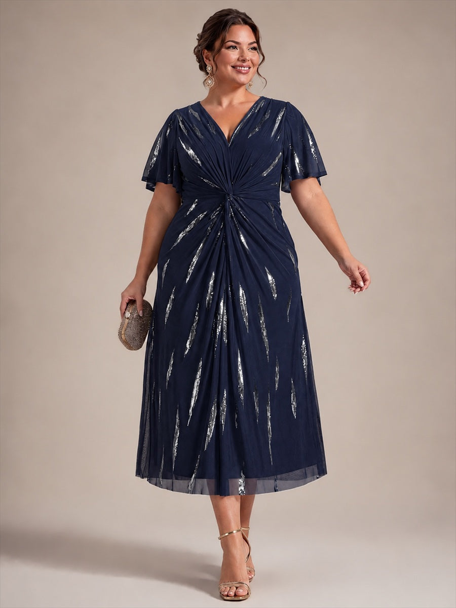 robe midi ajustée à manches courtes en V avec sequins et manches volantes #Couleur_Bleu Marine