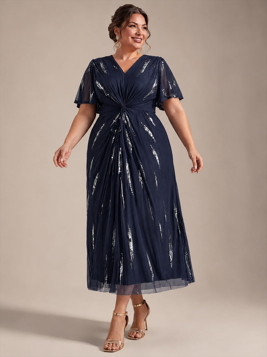 robe midi ajustée à manches courtes en V avec sequins et manches volantes #Couleur_Bleu Marine