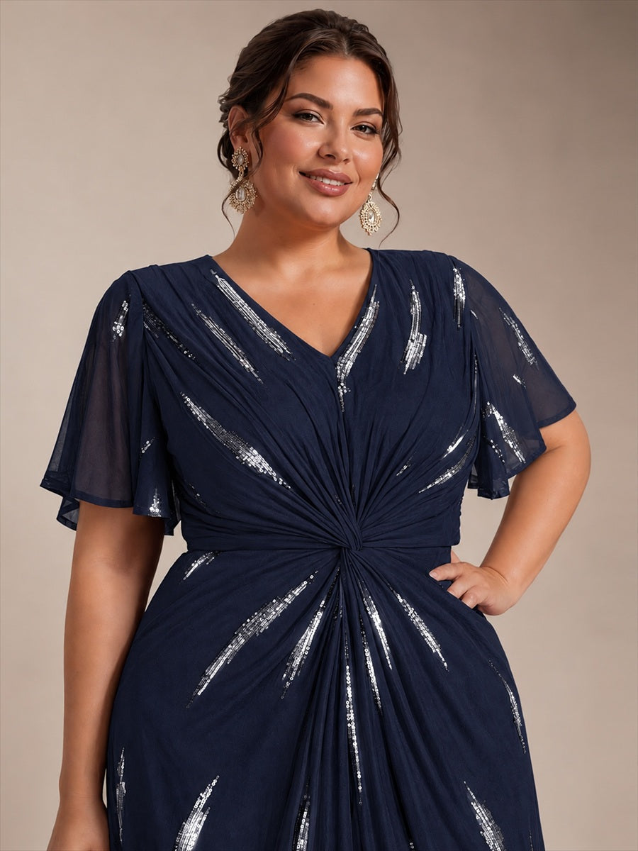 robe midi ajustée à manches courtes en V avec sequins et manches volantes #Couleur_Bleu Marine
