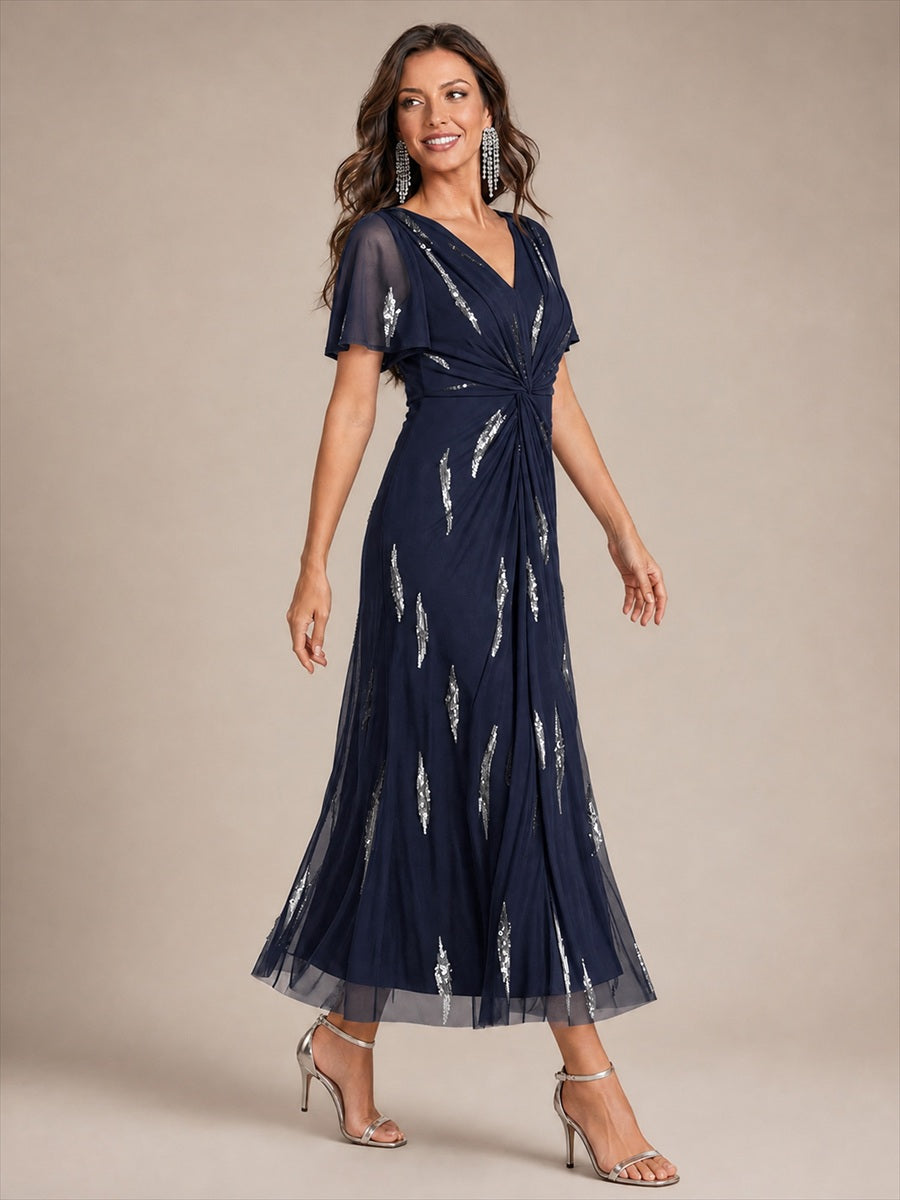 robe midi ajustée à manches courtes en V avec sequins et manches volantes #Couleur_Bleu Marine