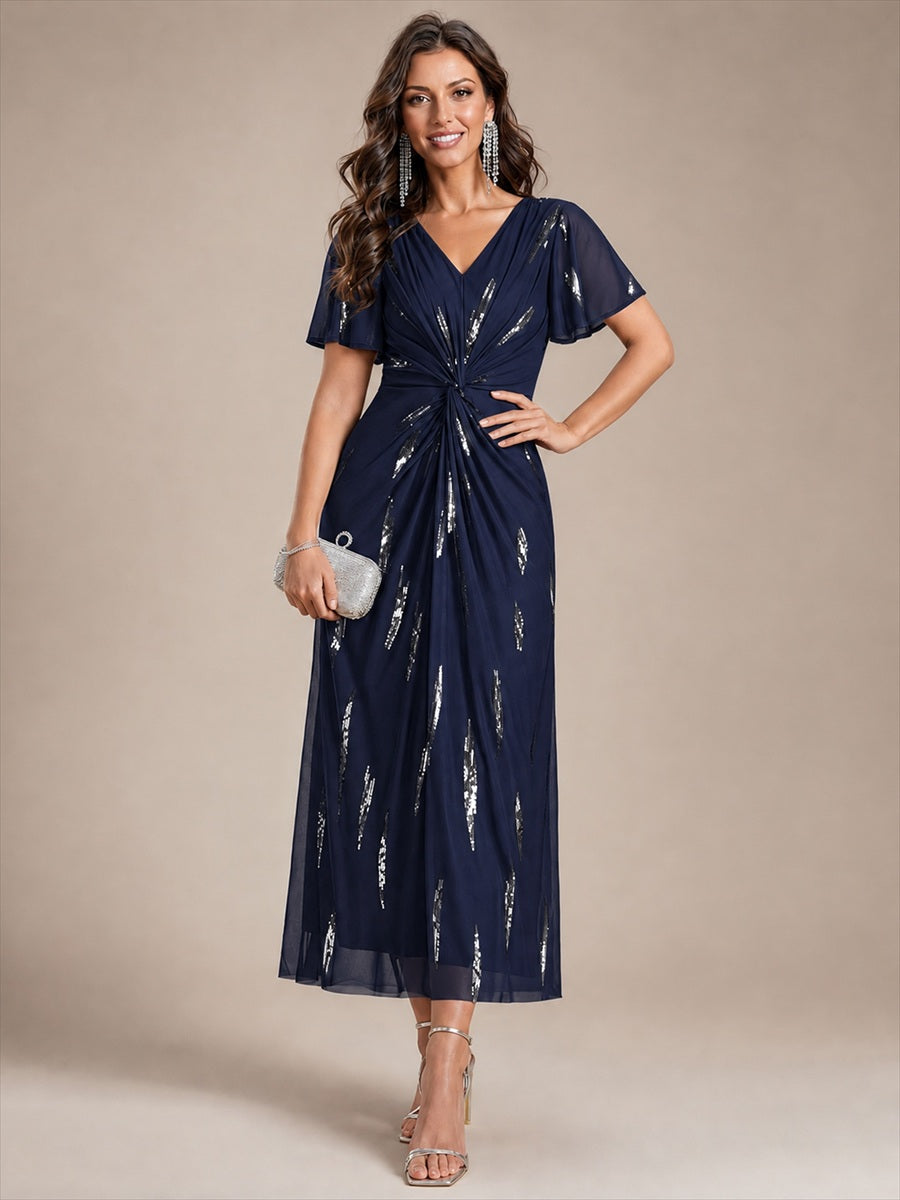robe midi ajustée à manches courtes en V avec sequins et manches volantes #Couleur_Bleu Marine