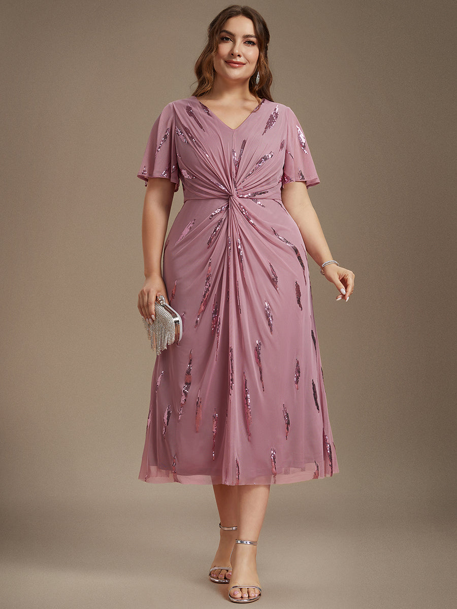 robe midi ajustée à manches courtes en V avec sequins et manches volantes #Couleur_Orchidee