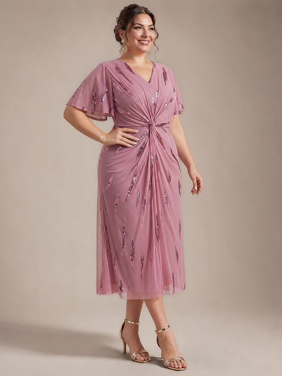 robe midi ajustée à manches courtes en V avec sequins et manches volantes #Couleur_Orchidee
