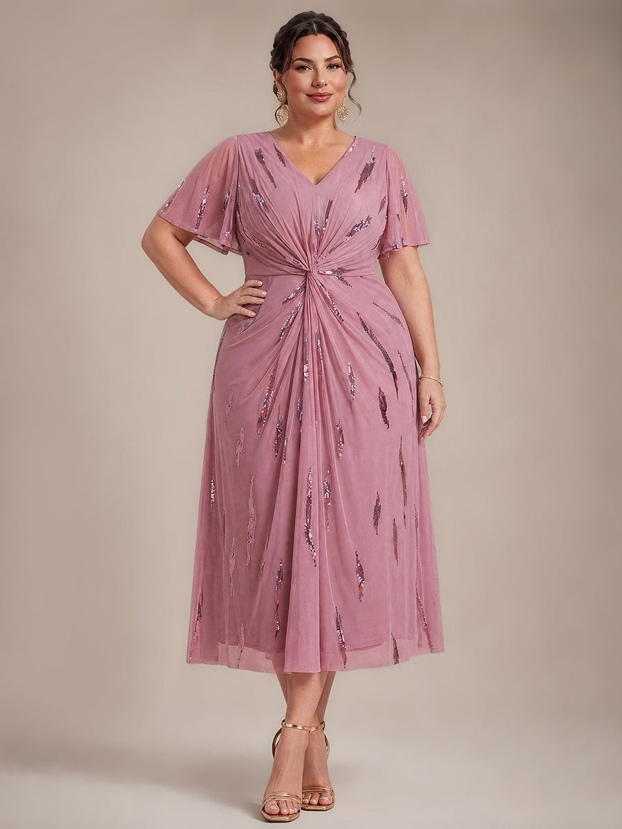 robe midi ajustée à manches courtes en V avec sequins et manches volantes #Couleur_Orchidee