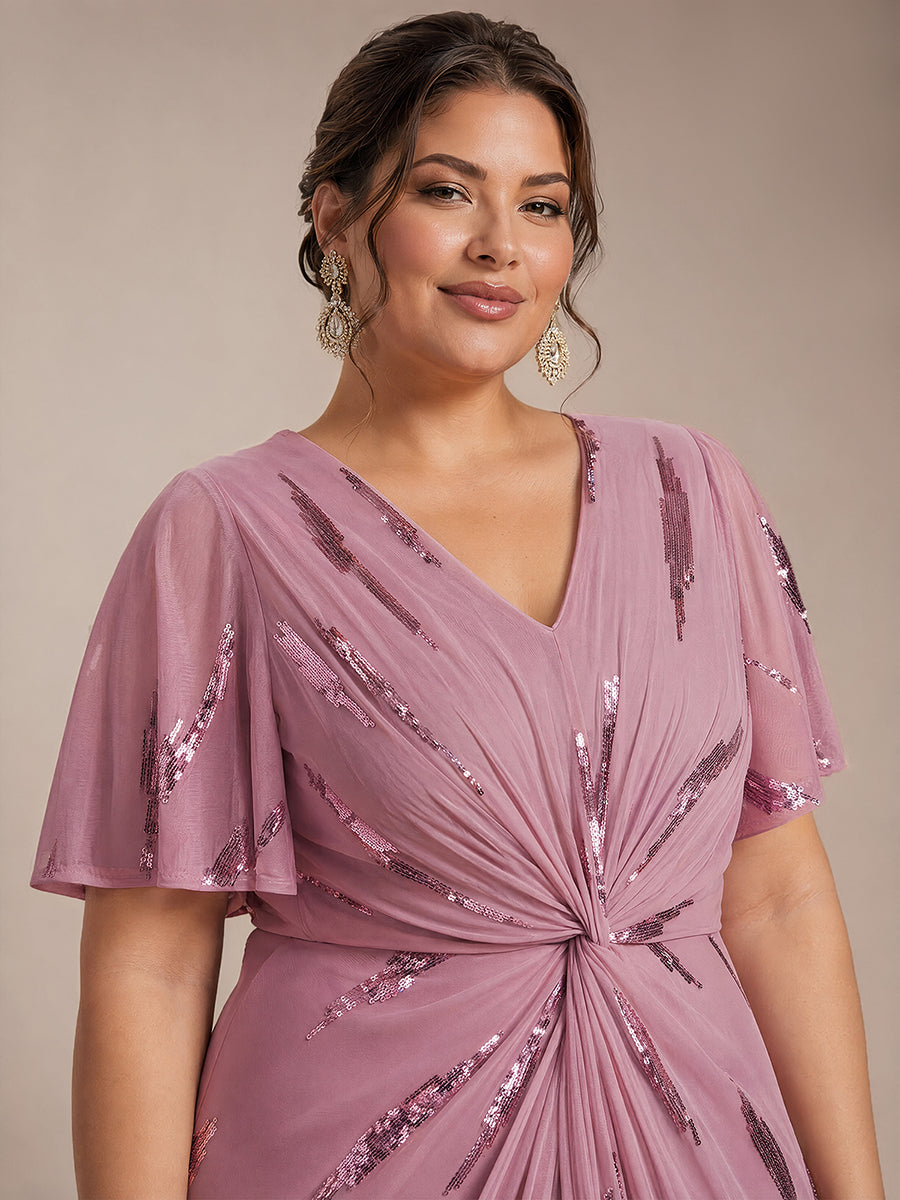 robe midi ajustée à manches courtes en V avec sequins et manches volantes #Couleur_Orchidee