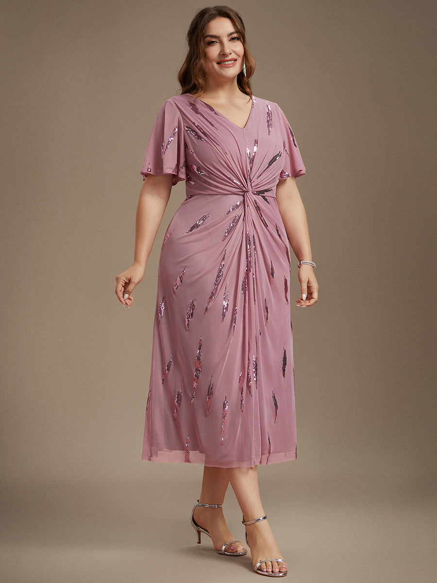 robe midi ajustée à manches courtes en V avec sequins et manches volantes #Couleur_Orchidee