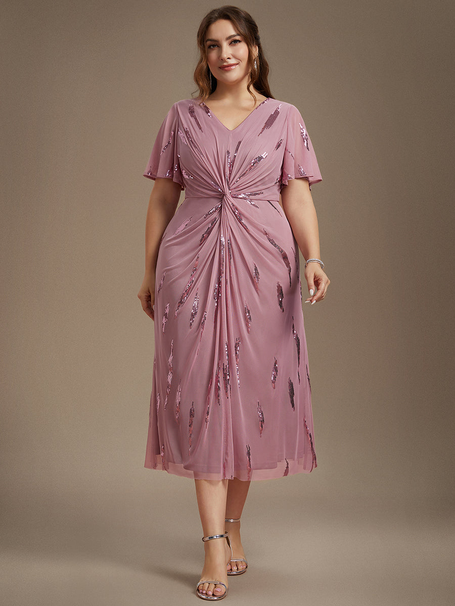 robe midi ajustée à manches courtes en V avec sequins et manches volantes #Couleur_Orchidee