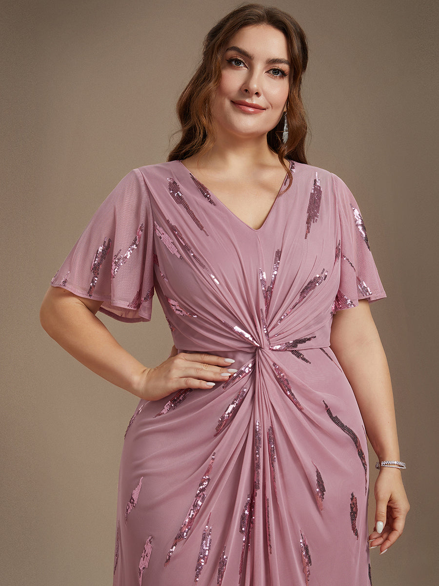 robe midi ajustée à manches courtes en V avec sequins et manches volantes #Couleur_Orchidee