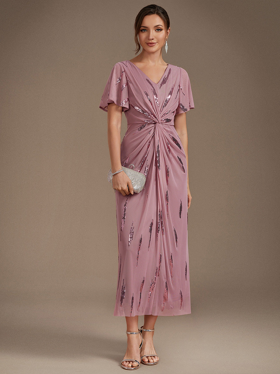 robe midi ajustée à manches courtes en V avec sequins et manches volantes #Couleur_Orchidee
