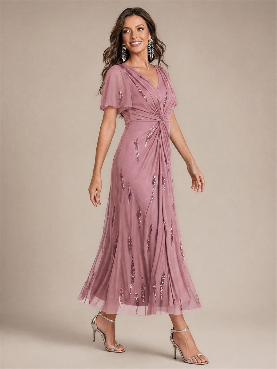 robe midi ajustée à manches courtes en V avec sequins et manches volantes #Couleur_Orchidee