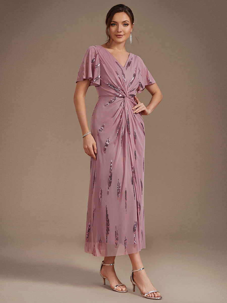 robe midi ajustée à manches courtes en V avec sequins et manches volantes #Couleur_Orchidee