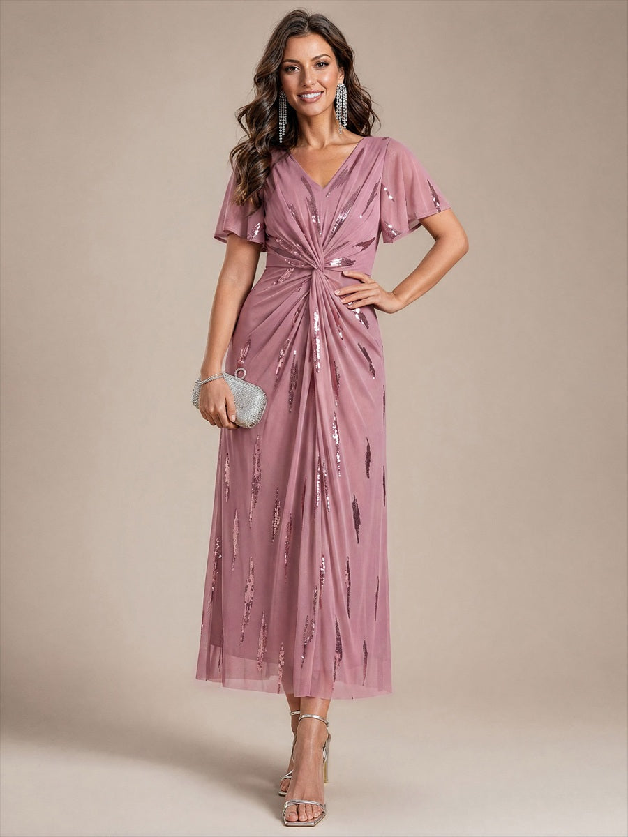robe midi ajustée à manches courtes en V avec sequins et manches volantes #Couleur_Orchidee