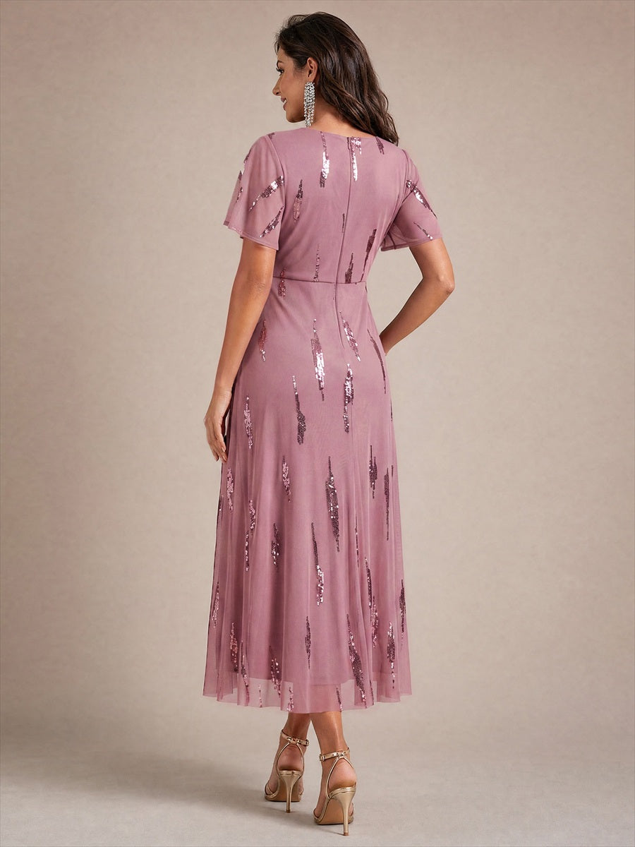 robe midi ajustée à manches courtes en V avec sequins et manches volantes #Couleur_Orchidee