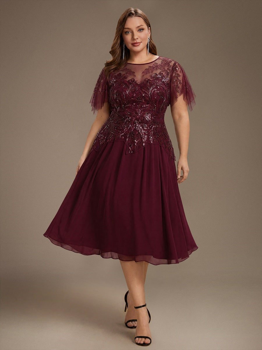 Robe midi A ligne à manches courtes en sequins avec col rond et volants #Couleur_Bordeaux