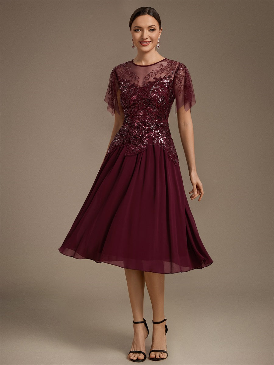 Robe midi A ligne à manches courtes en sequins avec col rond et volants #Couleur_Bordeaux