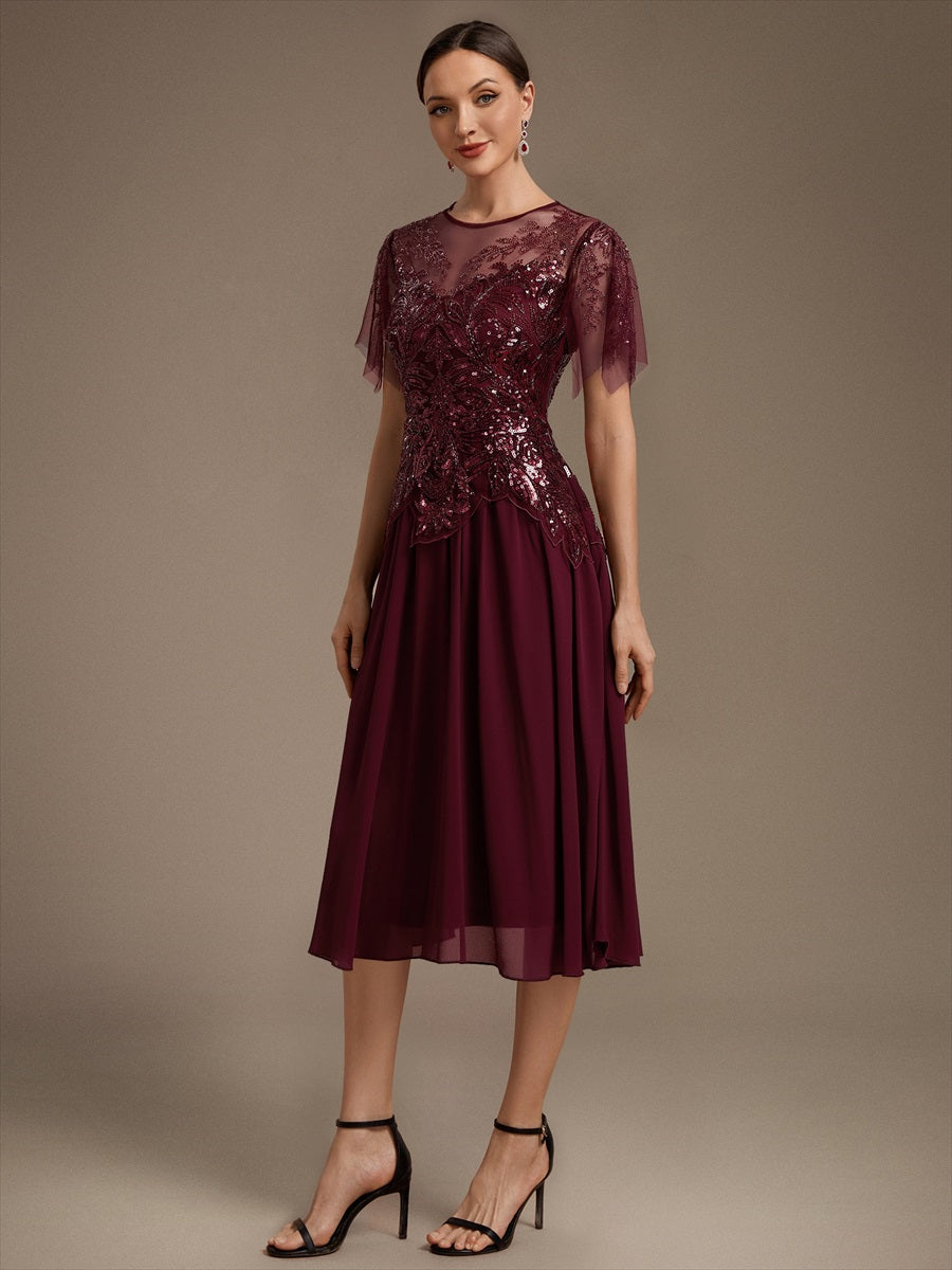 Robe midi A ligne à manches courtes en sequins avec col rond et volants #Couleur_Bordeaux