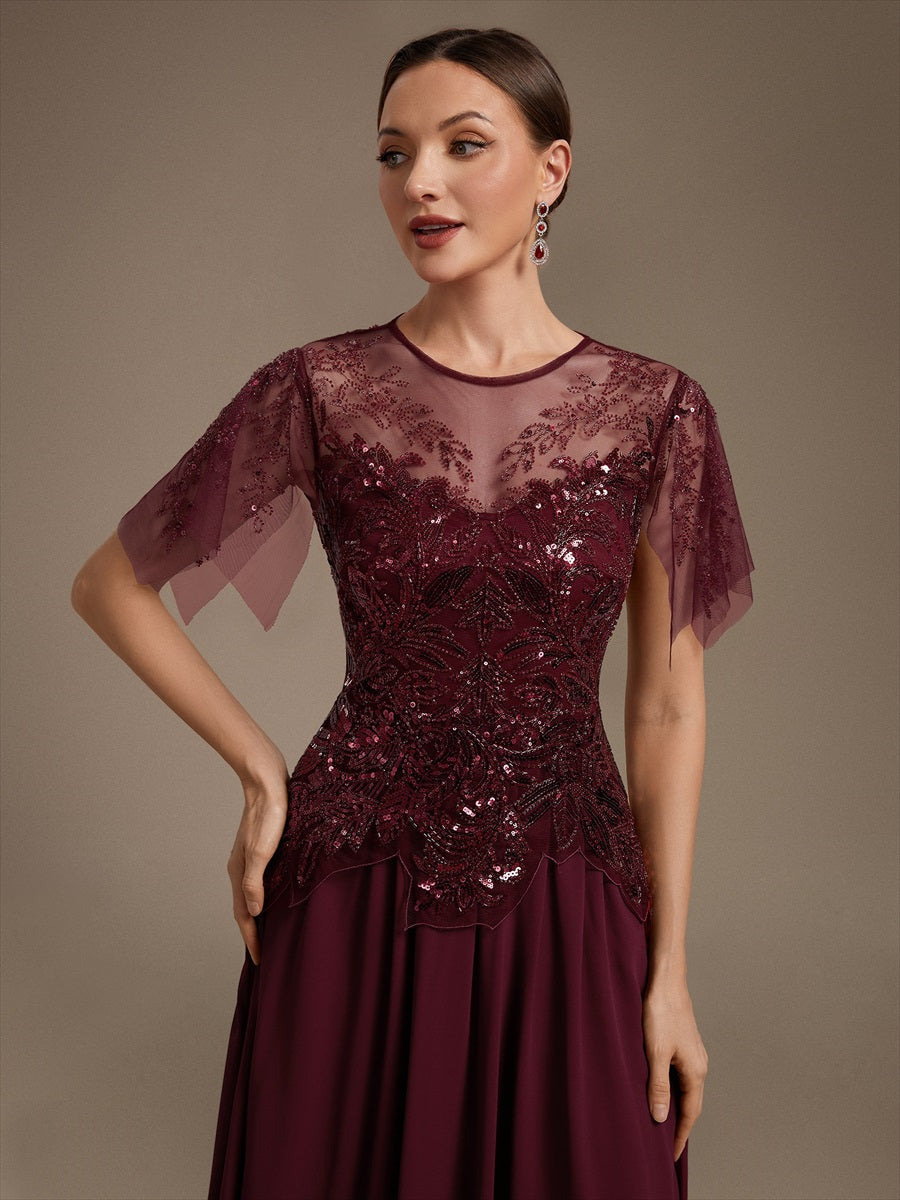 Robe midi A ligne à manches courtes en sequins avec col rond et volants #Couleur_Bordeaux