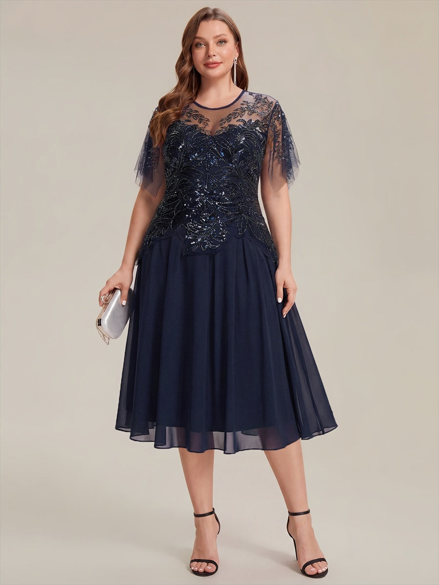 Robe midi A ligne à manches courtes en sequins avec col rond et volants #Couleur_Bleu Marine