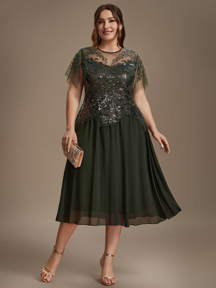 Robe midi A ligne à manches courtes en sequins avec col rond et volants #Couleur_Vert Olive